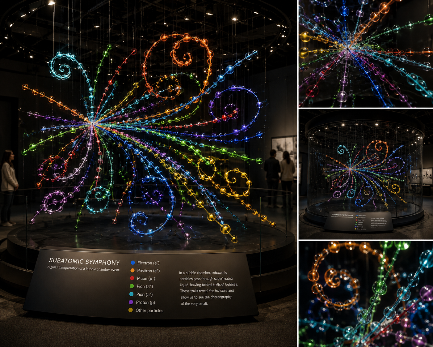Gallery installation with illuminated particle-inspired trajectories