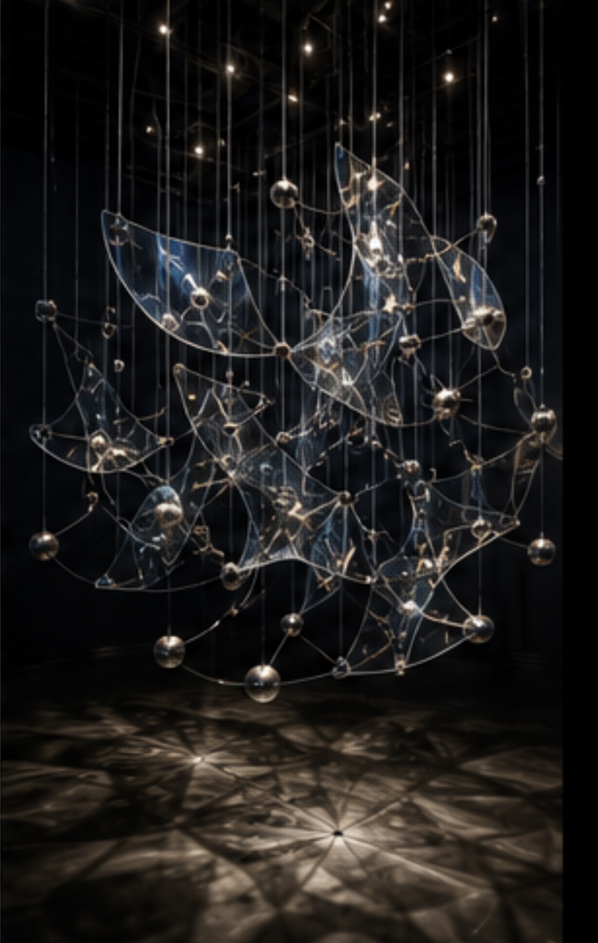Concept sculpture of suspended glass curves and metallic spheres