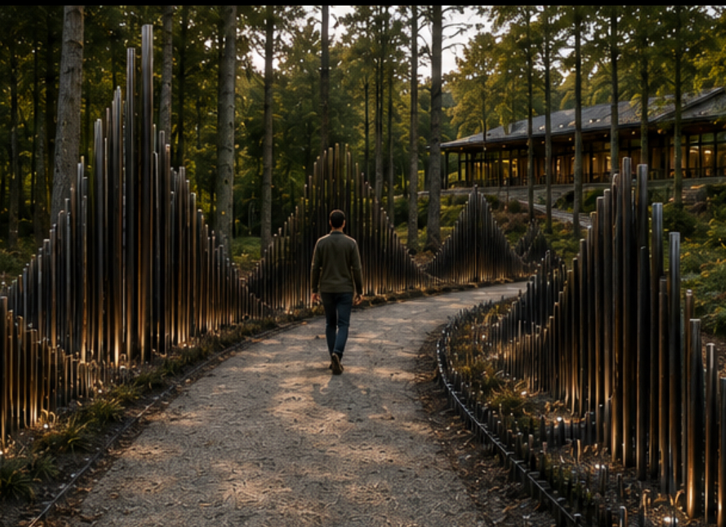 A woodland path bordered by rising and falling groups of metal rods